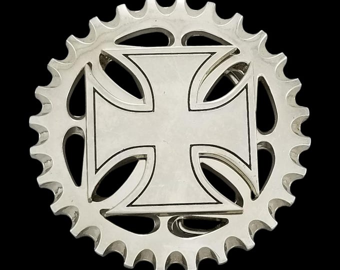 No Fear Vintage Iron Cross Spinner Sprocket Belt Buckle Silver Tone Biker Y2K