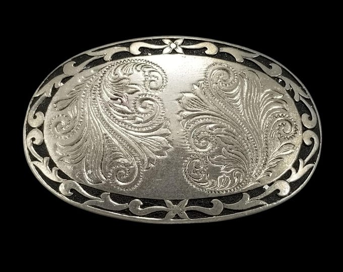 Western Silver Tone Oval Belt Buckle Engraved Paisley Floral Scroll Filigree