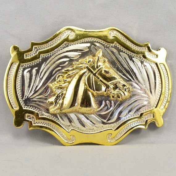 Belt Buckle Horse Head Western Old West Silver an… - image 1