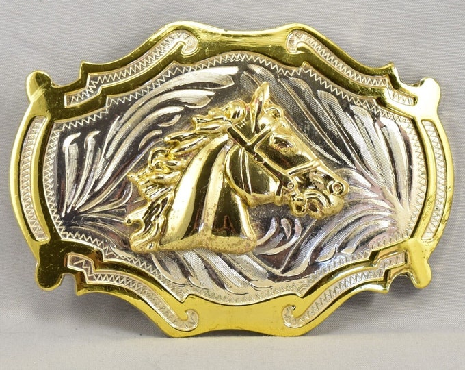 Belt Buckle Horse Head Western Old West Silver and Gold Color Shiny