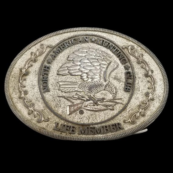 North American Hunting Club Life Member Belt Buckle Eagle Gun Bow Vintage Metal