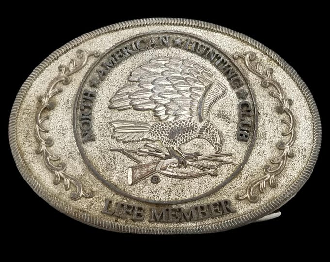 North American Hunting Club Life Member Belt Buckle Eagle Gun Bow Vintage Metal