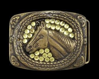 Horse Head Western Vintage Belt Buckle, Brass Rhinestone Cowgirl Accessory