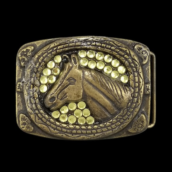 Horse Head Western Vintage Belt Buckle, Brass Rhinestone Cowgirl Accessory