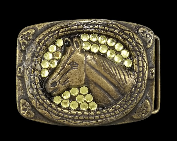 Horse Head Western Vintage Belt Buckle, Brass Rhinestone Cowgirl Accessory