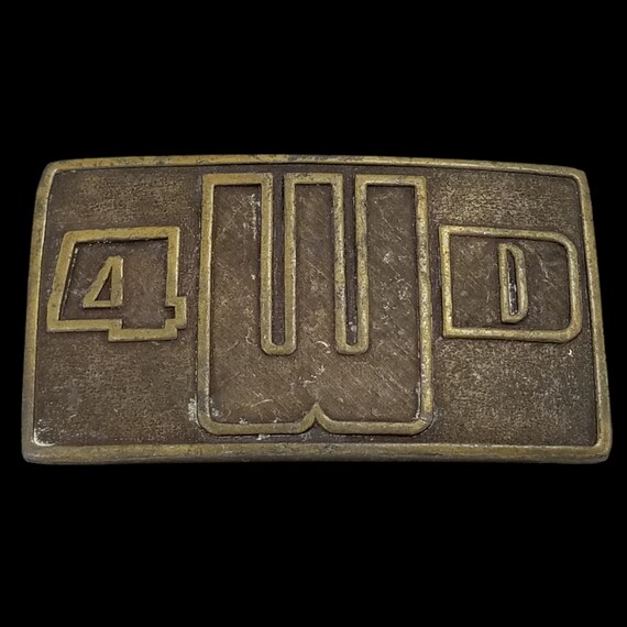 Vintage 4WD Belt Buckle Solid Brass Four Wheel Drive Gold Tone USA Made