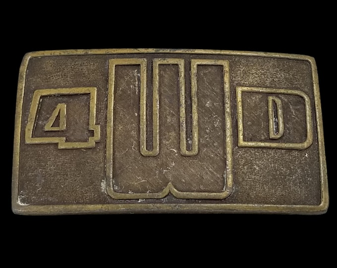 Vintage 4WD Belt Buckle Solid Brass Four Wheel Drive Gold Tone USA Made