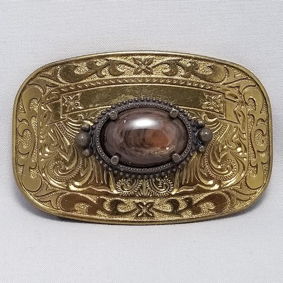 Vintage Gold Tone Metal Belt Buckle with Faux Agate Stone Western Style