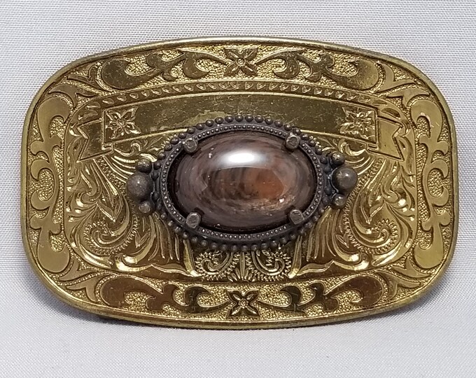 Vintage Gold Tone Metal Belt Buckle with Faux Agate Stone Western Style