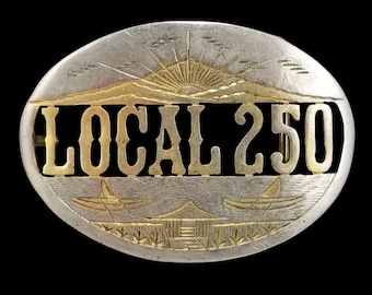 Vintage Local 250 Belt Buckle, Silver Gold Cutout Western Mountain Sunset
