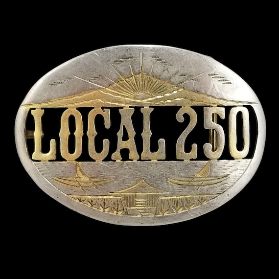 Vintage Local 250 Belt Buckle, Silver Gold Cutout Western Mountain Sunset