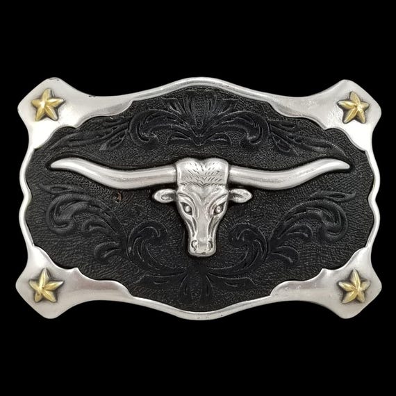 Western Longhorn Bull Skull Cowboy Belt Buckle Silver Tone Black Stars