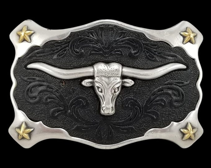 Western Longhorn Bull Skull Cowboy Belt Buckle Silver Tone Black Stars