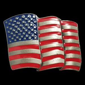 Vintage Belt Buckle 1991 Pewter American US Waving Flag Stars & Stripes Siskiyou