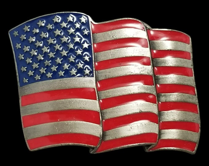 Waving American Flag Pewter Belt Buckle USA Patriotic Stars and Stripes Siskiyou
