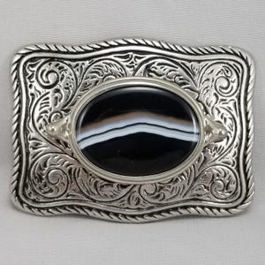 Vintage Belt Buckle Women&#39;s Western Filigree Black Cabochon Agate Made In USA