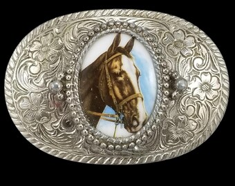 Western Cowboy Horse Head Oval Belt Buckle Silver Tone Ornate Engraved