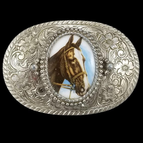 Western Cowboy Horse Head Oval Belt Buckle Silver Tone Ornate Engraved
