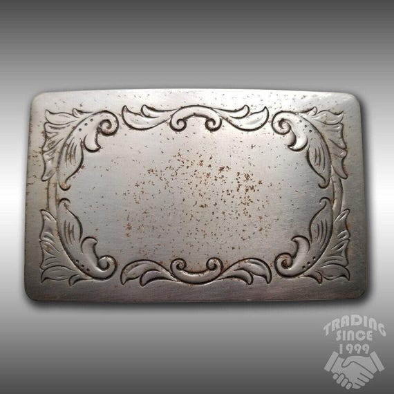Belt Buckle Silver Color Engraved Stamped Filigree Leaves Western Square USA