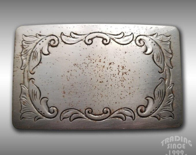 Belt Buckle Silver Color Engraved Stamped Filigree Leaves Western Square USA