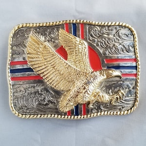 Vintage Belt Buckle Big American Bald Eagle Stripes Western Gold and Silver Colo