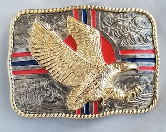 Vintage Belt Buckle Big American Bald Eagle Stripes Western Gold and Silver Colo