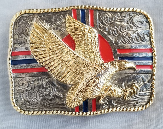 Vintage Belt Buckle Big American Bald Eagle Stripes Western Gold and Silver Colo