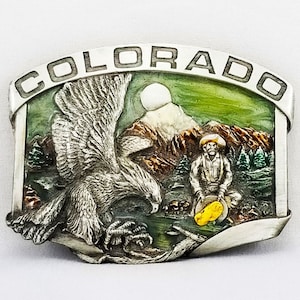 Belt Buckle 1984 Colorado State Gold Mining American Eagle Landscape USA Siskiyo