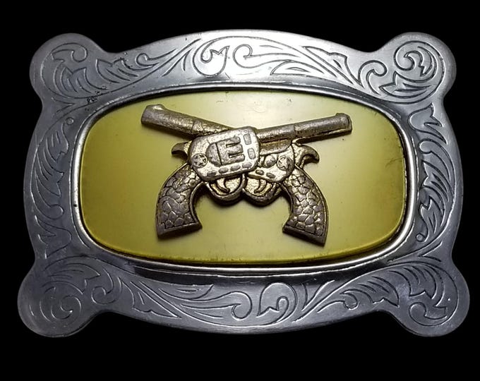 Vintage Belt Buckle Western Crossed Revolvers Six-Shooter Piece Maker Japan