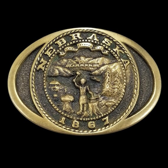 Heritage Mint Nebraska 1867 State Seal Solid Brass Belt Buckle Vintage 1977