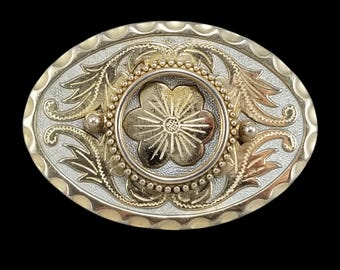 Vintage Western Belt Buckle, Floral Engraved Two Tone Oval Design