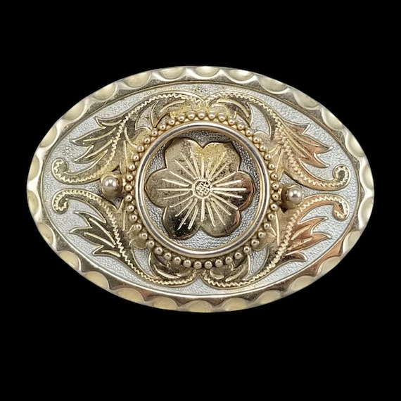 Vintage Western Belt Buckle, Floral Engraved Two Tone Oval Design