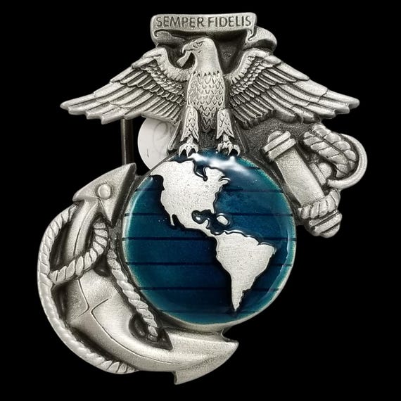 1991 Pure Pewter US Marines Belt Buckle Semper Fidelis Eagle Globe Anchor