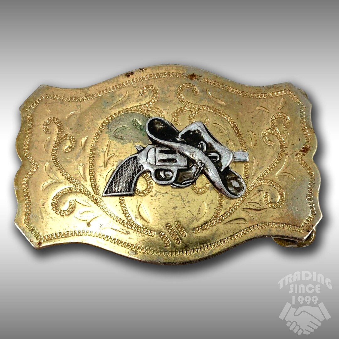 Vintage Belt Buckle Revolver Cowboy Hat Filigree Western Style Etsy