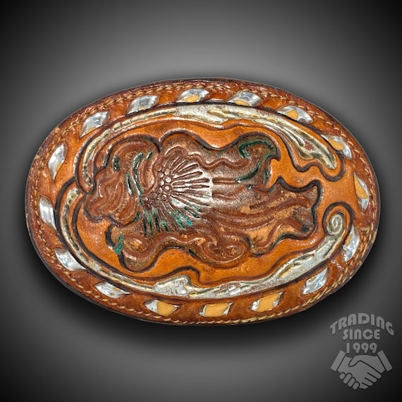 Tony Lama Tooled Leather Belt Buckle – Western Cowboy Native American USA