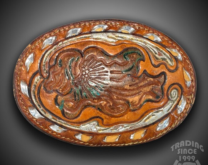 Tony Lama Tooled Leather Belt Buckle – Western Cowboy Native American USA