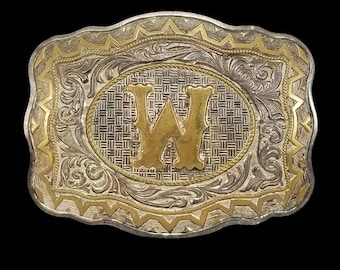 Vintage Crumrine Silver Belt Buckle Letter W Western Monogram Heavy Silver Plate