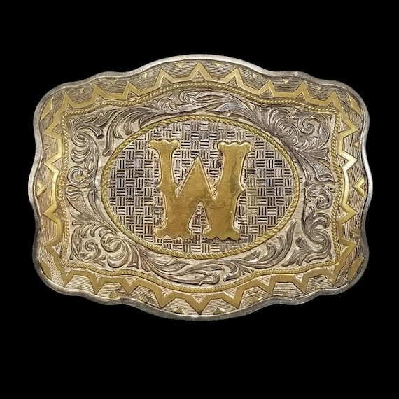 Vintage Crumrine Silver Belt Buckle Letter W Western Monogram Heavy Silver Plate