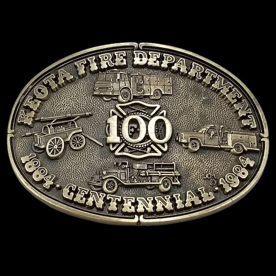 Vintage Brass Firefighter Belt Buckle - Centennial Keota Fire Department 1884-1984
