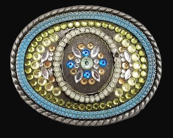 Rhinestone Western Vintage Belt Buckle, Oval Crystal Cowgirl Accessory, Layered Blue Green Gold Rows