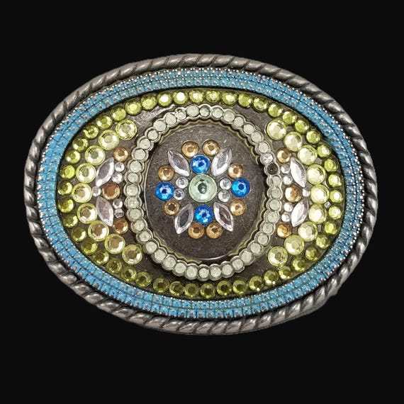 Rhinestone Western Vintage Belt Buckle, Oval Crystal Cowgirl Accessory, Layered Blue Green Gold Rows