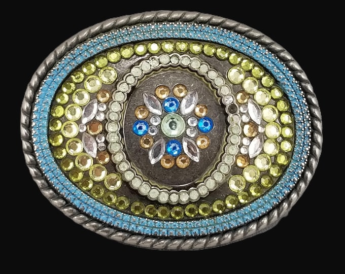 Rhinestone Western Vintage Belt Buckle, Oval Crystal Cowgirl Accessory, Layered Blue Green Gold Rows