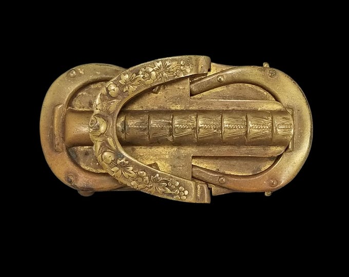 Antique Victorian Brass Horseshoe Floral Belt Buckle 2 Piece Pat 1900 Gold Tone