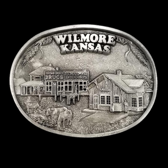 Western Associates Belt Buckle Wilmore Kansas Centennial 1987 Vintage Farming