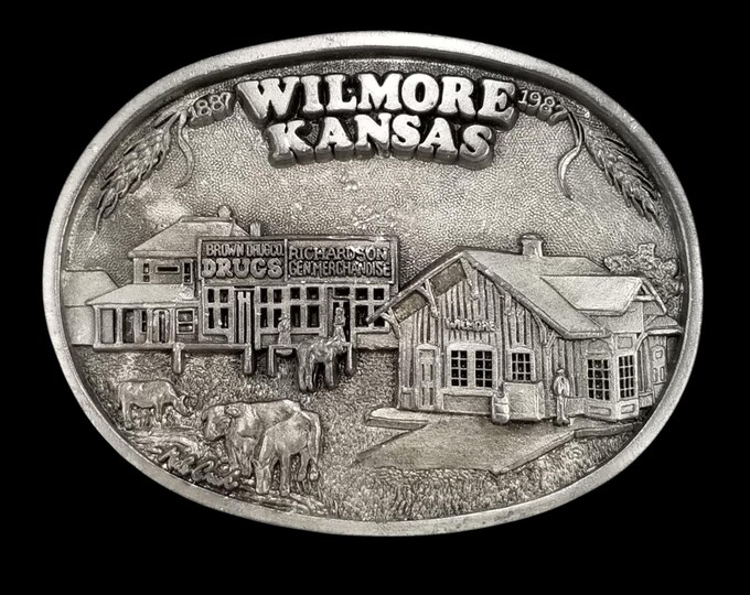 Western Associates Belt Buckle Wilmore Kansas Centennial 1987 Vintage Farming