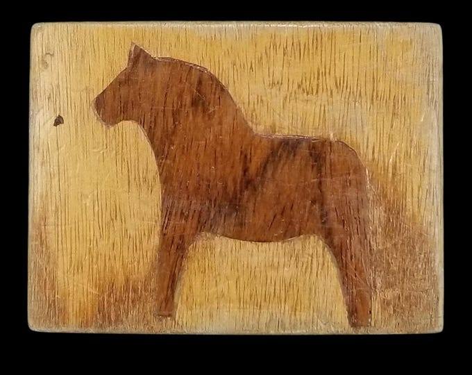 Vintage 1979 Handcrafted Wood Belt Buckle Swedish Dala Horse Catalpa Padauk Wood