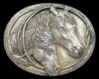 VTG Belt Buckle Brass 1983 Two Double Horses Heads Western USA Made By Siskiyou