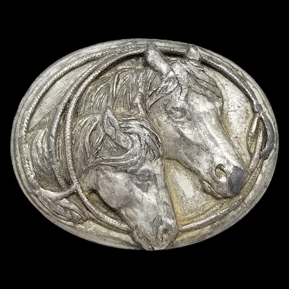 VTG Belt Buckle Brass 1983 Two Double Horses Heads Western USA Made By Siskiyou
