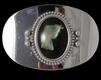 Vintage Belt Buckle Abstract Agate Chrome Shiny Mirror-Like Western Silver Color