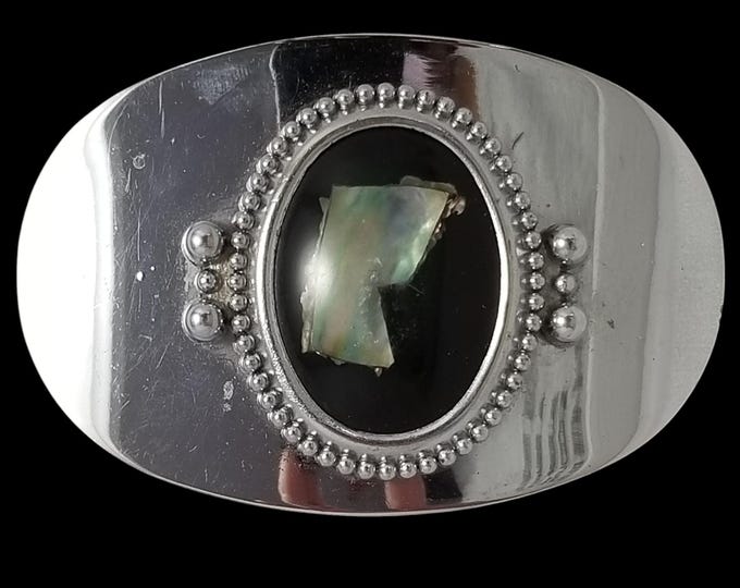 Vintage Belt Buckle Abstract Agate Chrome Shiny Mirror-Like Western Silver Color